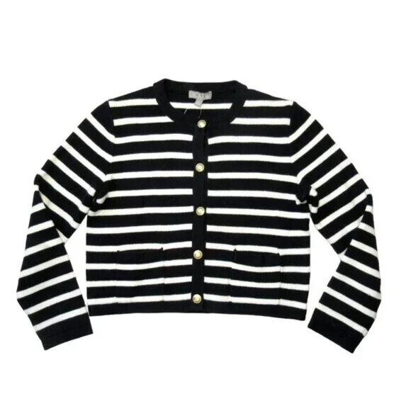 NWT J.Crew Emilie Sweater Lady Jacket in Black Ivory Stripe Knit Cardigan M - Picture 1 of 3